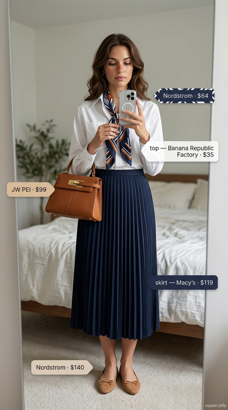 Modest summer outfits for women 2026: Navy A-line skirt, white blouse, silk scarf for office or museum.