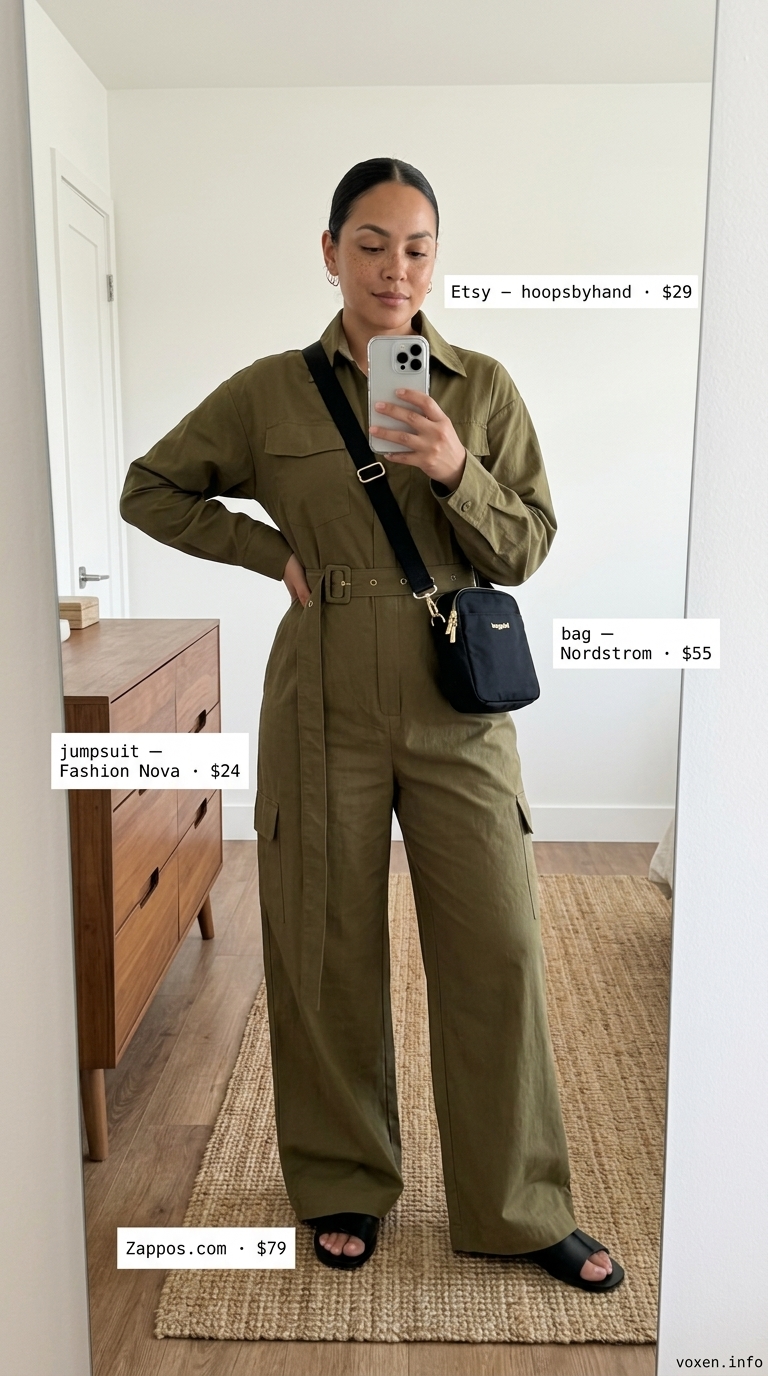 Modest summer outfits for women 2026: Olive green utility jumpsuit, black slides, crossbody bag for travel.