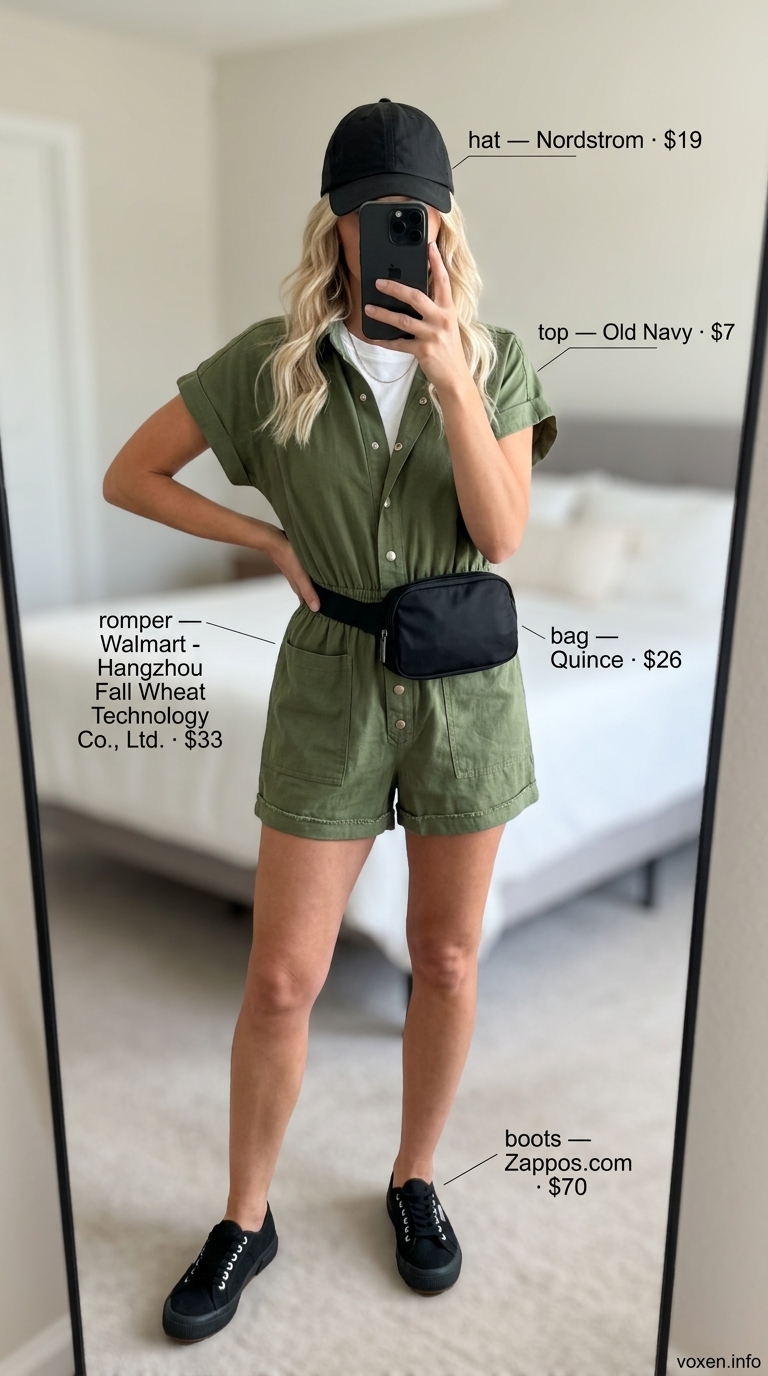 Modest summer outfits for women 2026: Olive utility romper, black sneakers, baseball cap for a playful park day.