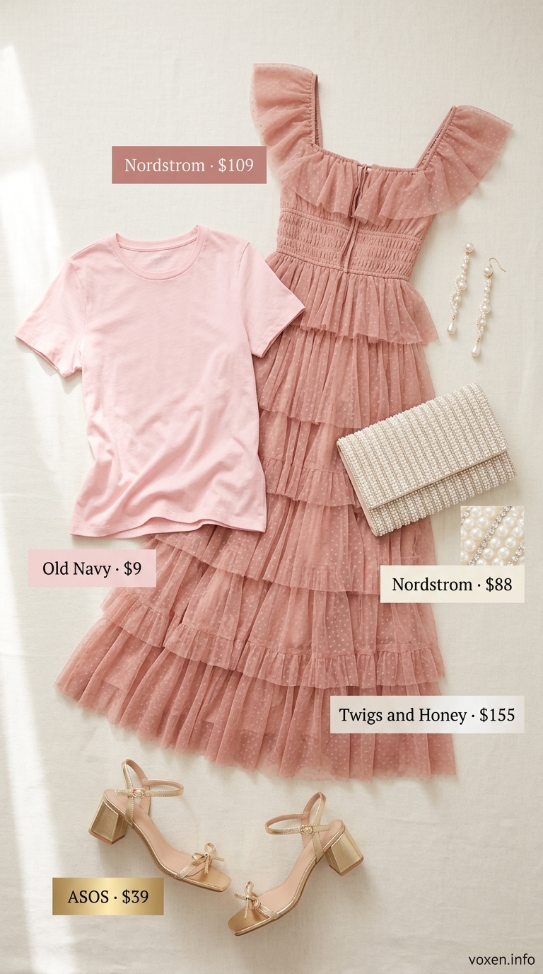 Modest summer outfits for women 2026: Pink tiered maxi dress, pearl clutch, gold sandals for special occasions.