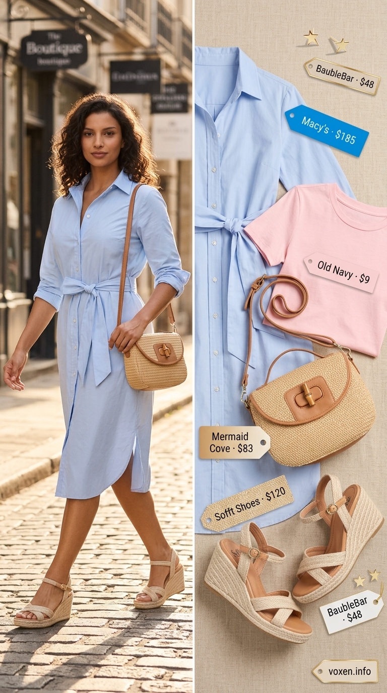 Modest summer outfits for women 2026: Sky blue midi shirtdress, straw crossbody, espadrille wedges for daytime.