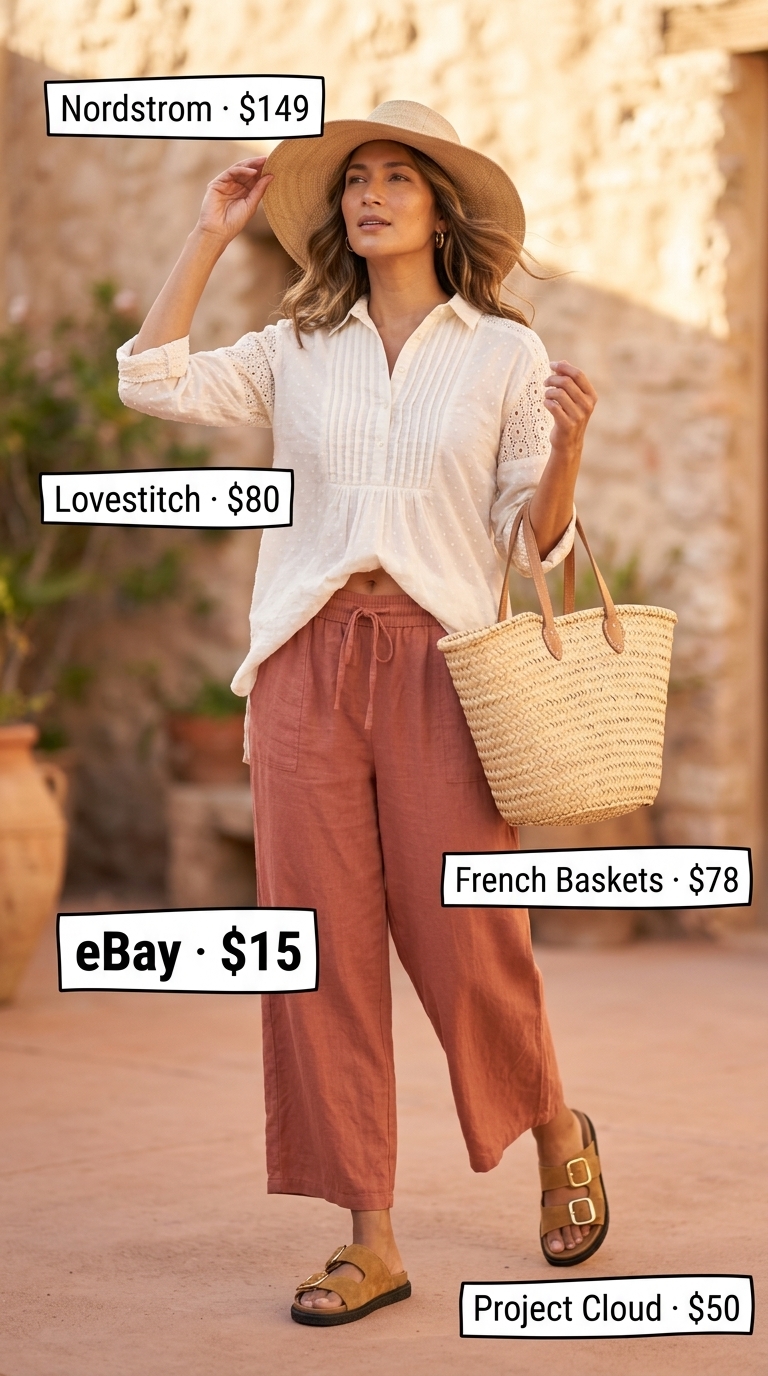 Modest summer outfits for women 2026: Terracotta linen pants, cream tunic, straw hat for a desert oasis vacation.