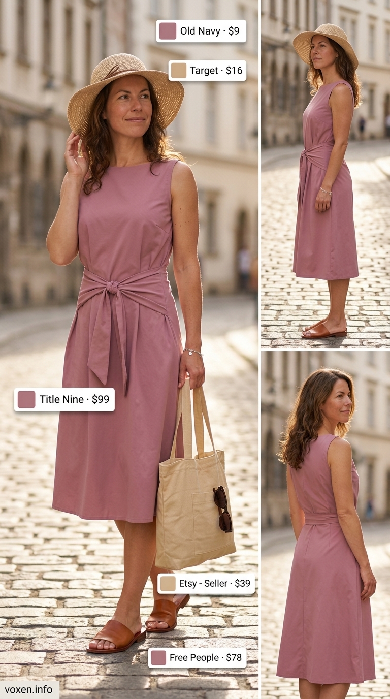 Modest summer outfits for women 2026: Terracotta maxi skirt, cream tee, straw hat for a relaxed weekend look.