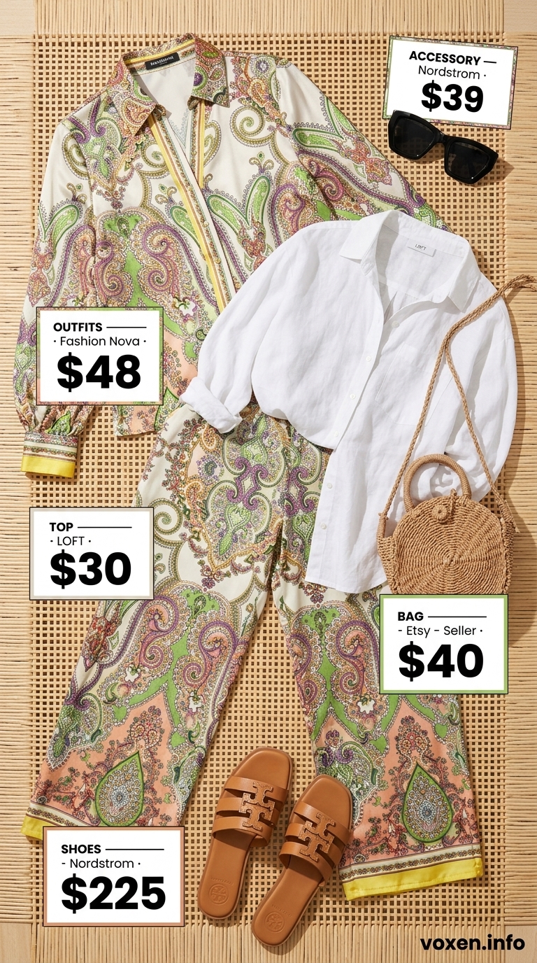 Modest summer outfits for women 2026: Tropical print palazzo pants, white linen shirt, strappy sandals for vacation.