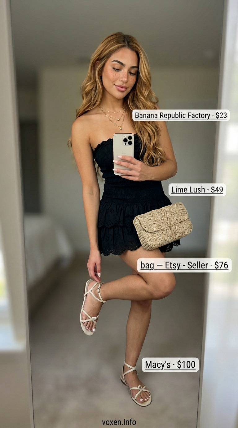 Neutral summer outfits for women 2026: Black sundress, beige sandals, gold necklaces, raffia clutch for beach dinner.