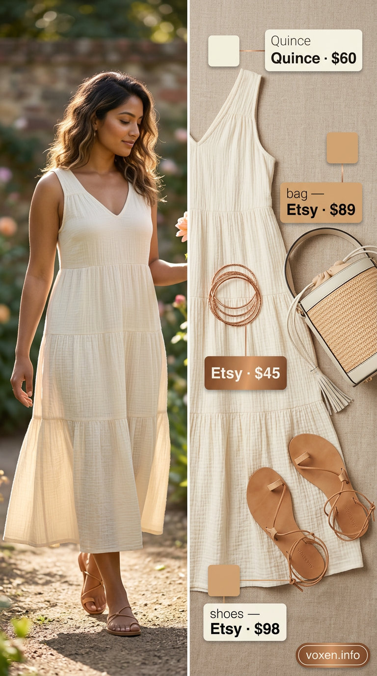 Neutral summer outfits for women 2026: Cream maxi dress, tan sandals, raffia bag, bronze bangles for bohemian look.