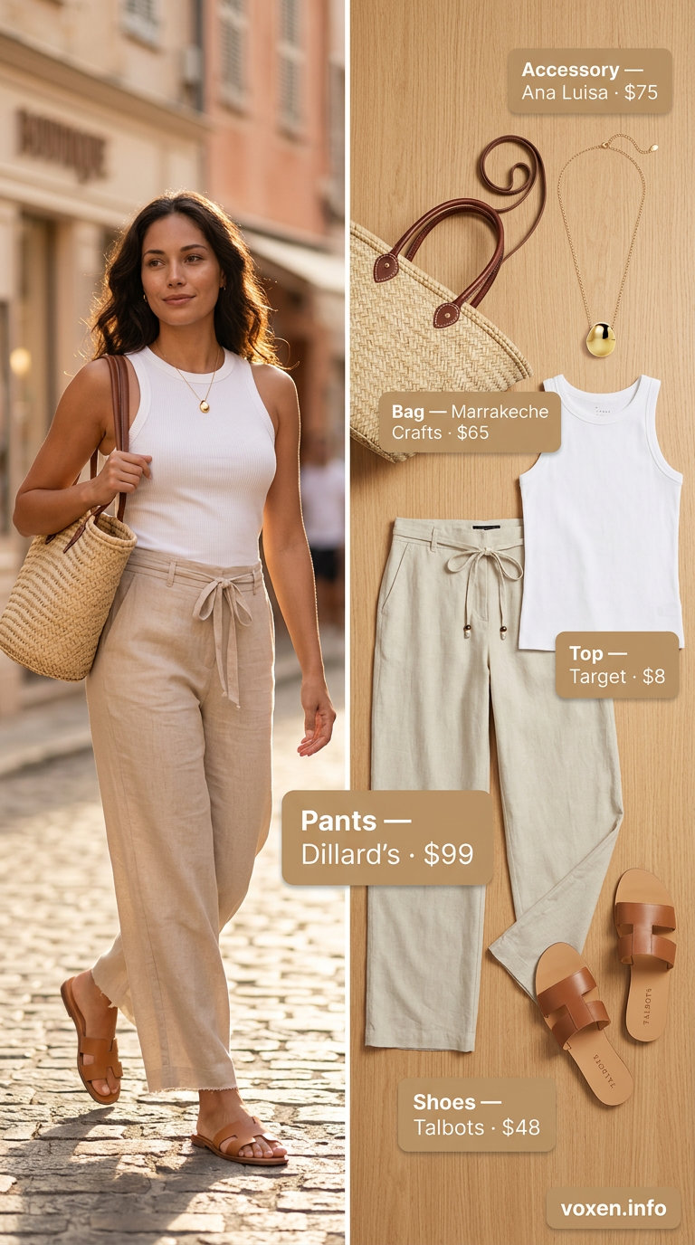 Neutral summer outfits for women 2026: Beige linen pants, off-white tank, tan sandals, straw tote for coastal look.