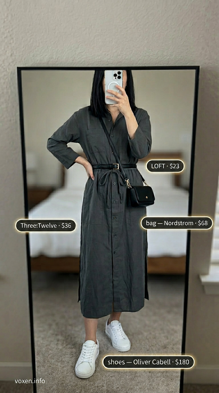 Neutral summer outfits for women 2026: Charcoal grey maxi dress, white sneakers, black belt & bag for gallery day.