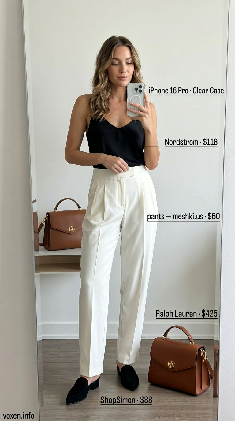 Neutral summer outfits for women 2026: Ivory trousers, black camisole, black mules, tan bag for business casual.