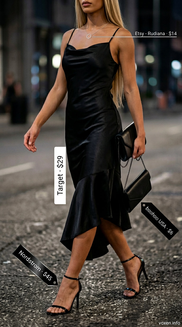 Neutral summer outfits for women 2026: Black slip dress, silver necklace, white clutch & black sandals for evening.