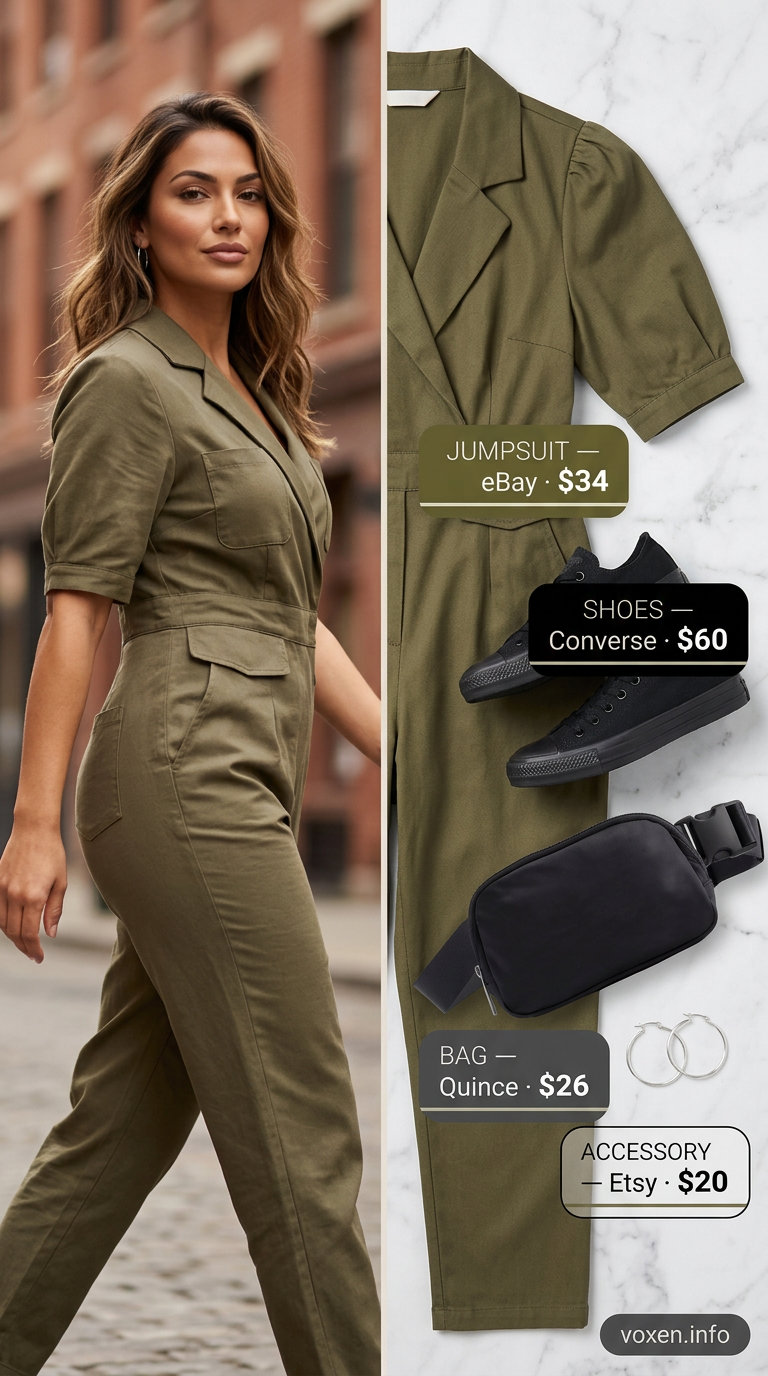 Neutral summer outfits for women 2026: Khaki utility jumpsuit, black sneakers, belt bag, silver hoops for urban explorer.