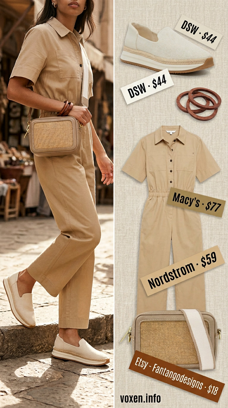 Neutral summer outfits for women 2026: Khaki utility jumpsuit, beige espadrilles, straw crossbody bag, wood bangles.