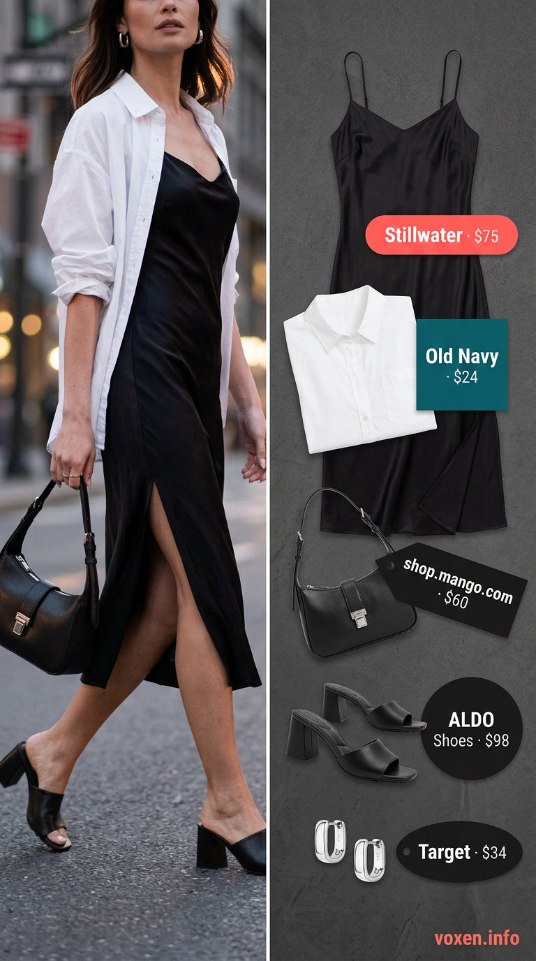 Neutral summer outfits for women 2026: Black slip dress, oversized white shirt, heeled mules, and silver earrings.