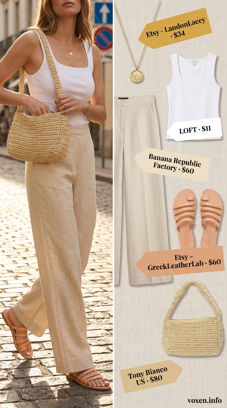 Neutral summer outfits for women 2026: Cream linen pants, white tank, raffia bag, and tan slides for a relaxed vibe.