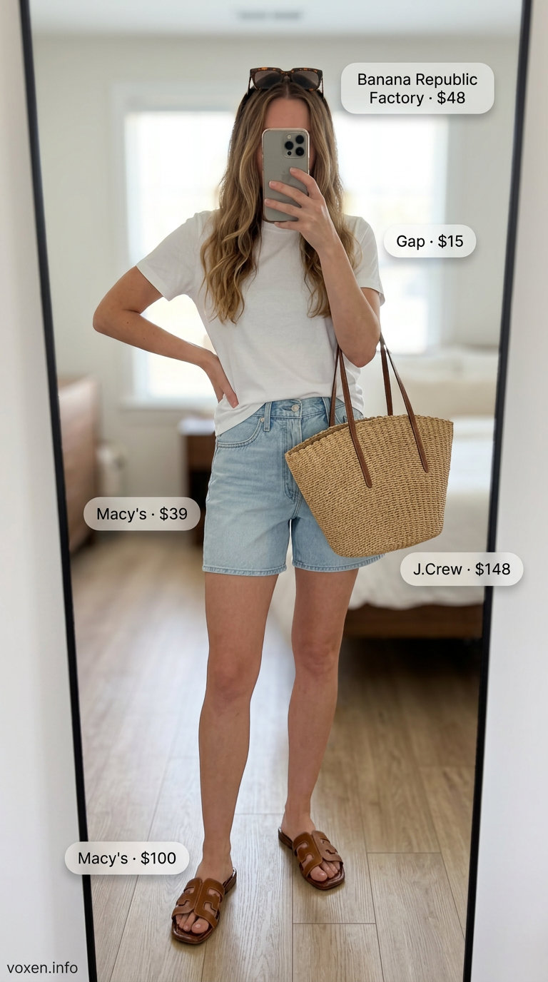 Neutral summer outfits for women 2026: Denim shorts, white tee, brown slides, and straw tote for market day.