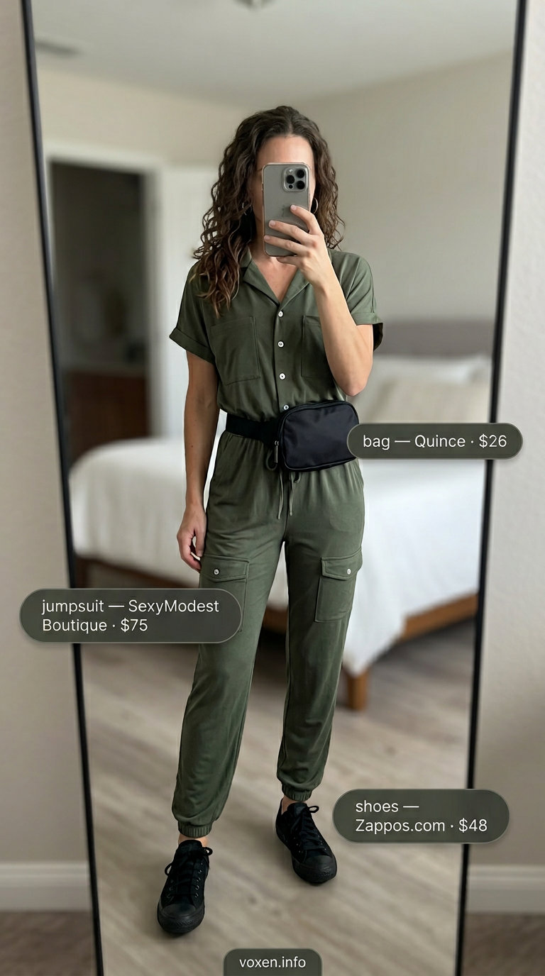Neutral summer outfits for women 2026: Olive green utility jumpsuit, black sneakers, and gold hoop earrings.