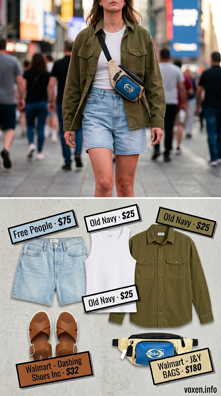 Neutral summer outfits for women 2026: Olive green oversized shirt, denim shorts, khaki belt bag, and flat sandals.