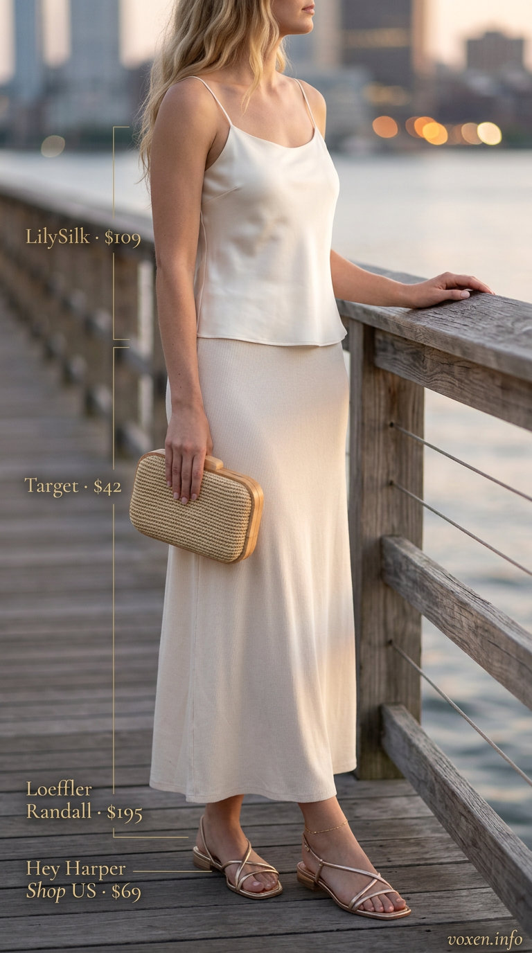 Neutral summer outfits for women 2026: White maxi skirt, silk cami, gold sandals, and wood clutch for evening.