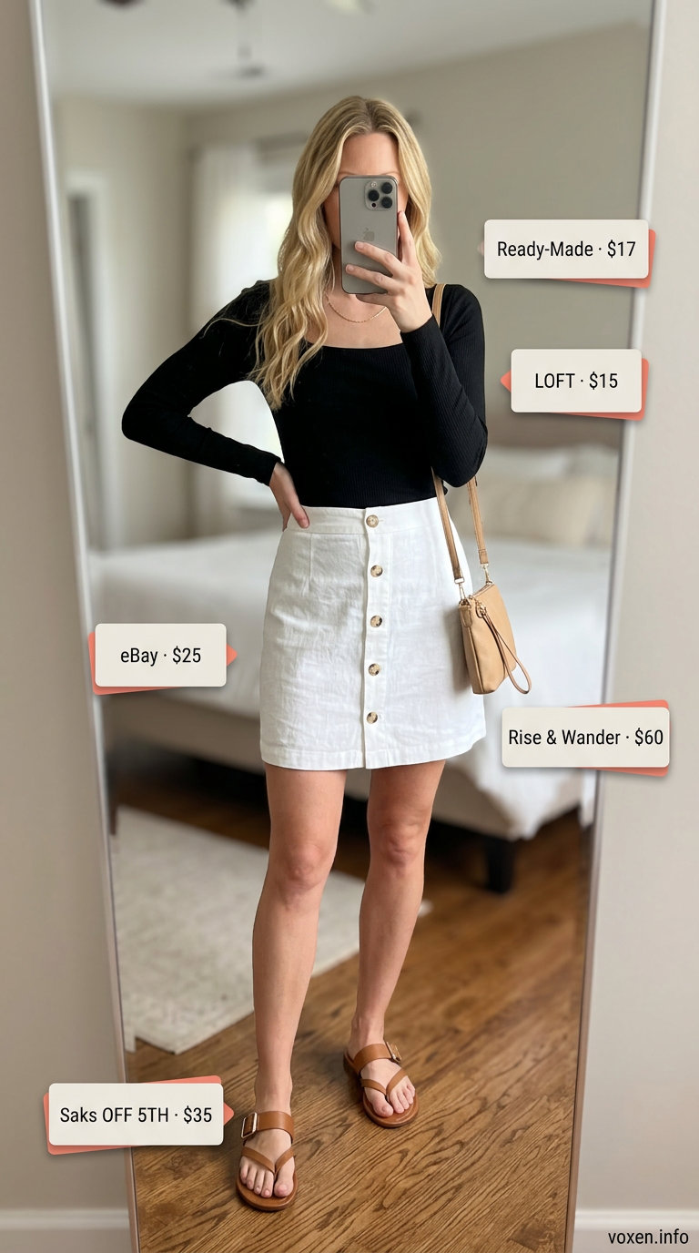 Neutral summer outfits for women 2026: White mini skirt, camel knit top, crossbody bag, and gold necklace.