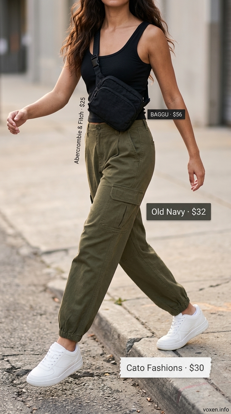 NYC street style summer outfits for women 2026: Olive cargo pants, black tank, chunky sneakers, belt bag.
