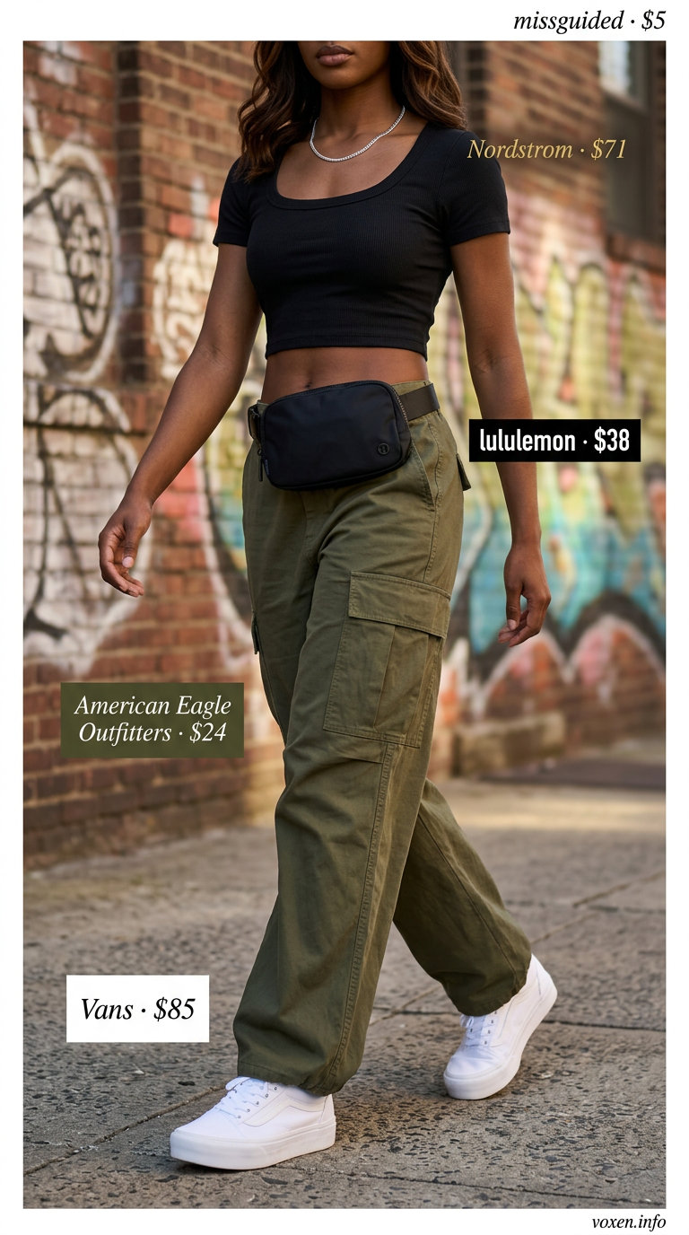 Olive green cargo pants, black crop top, and chunky sneakers for NYC street style summer outfits for women 2026.
