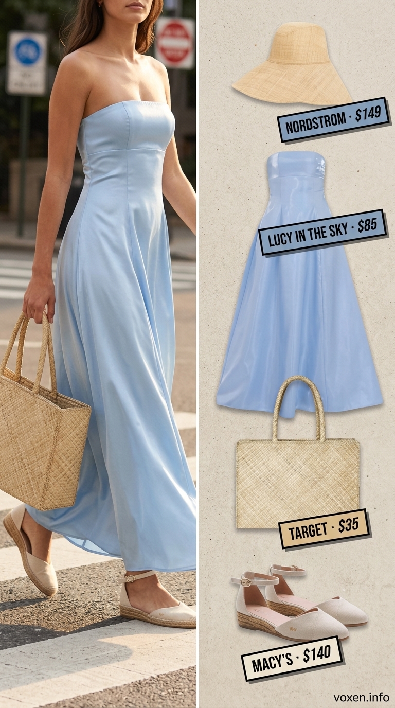 NYC street style summer outfits for women 2026: Sky blue maxi dress, straw hat, straw tote, espadrilles.