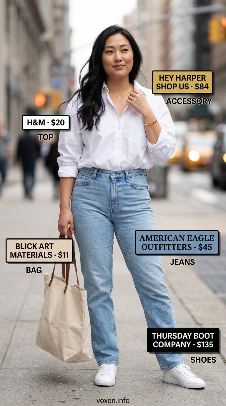 NYC street style summer outfits for women 2026: Denim jeans, white shirt, white sneakers, tan tote bag.