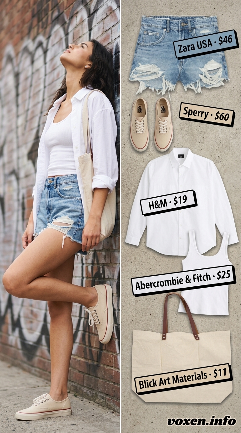 Distressed denim shorts with oversized white shirt for nyc street style summer outfits for women 2026.
