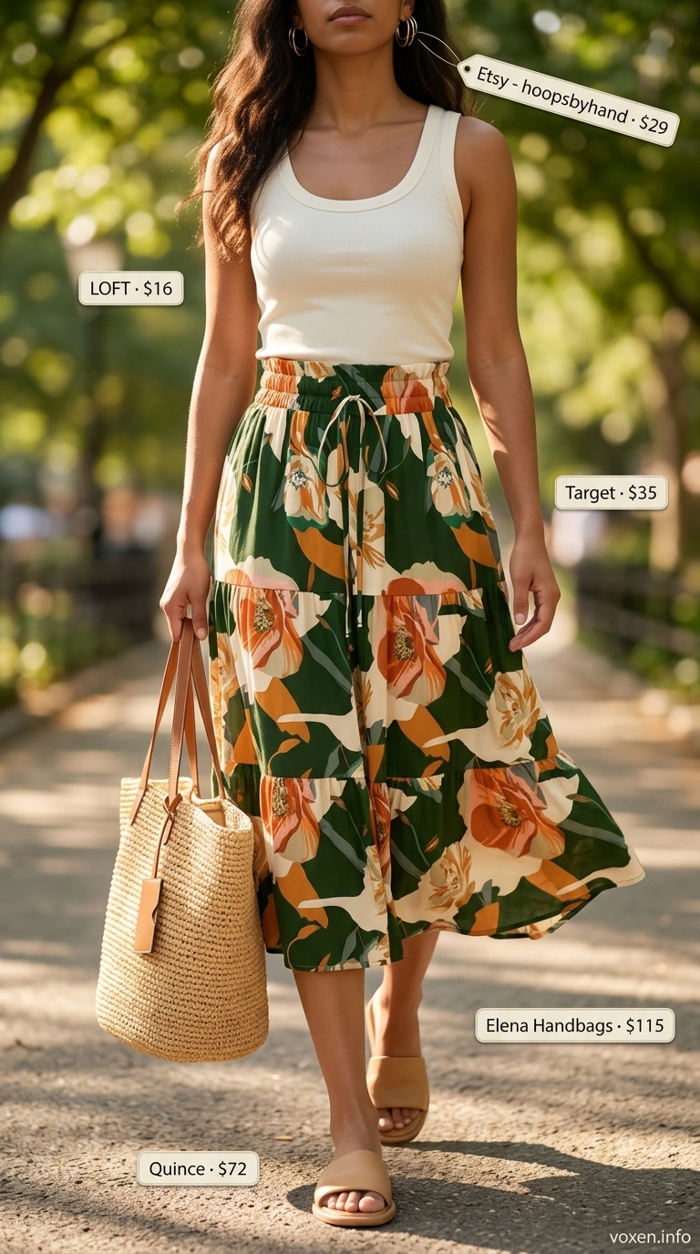Floral midi skirt, cream tank, and leather slides for NYC street style summer outfits for women 2026.