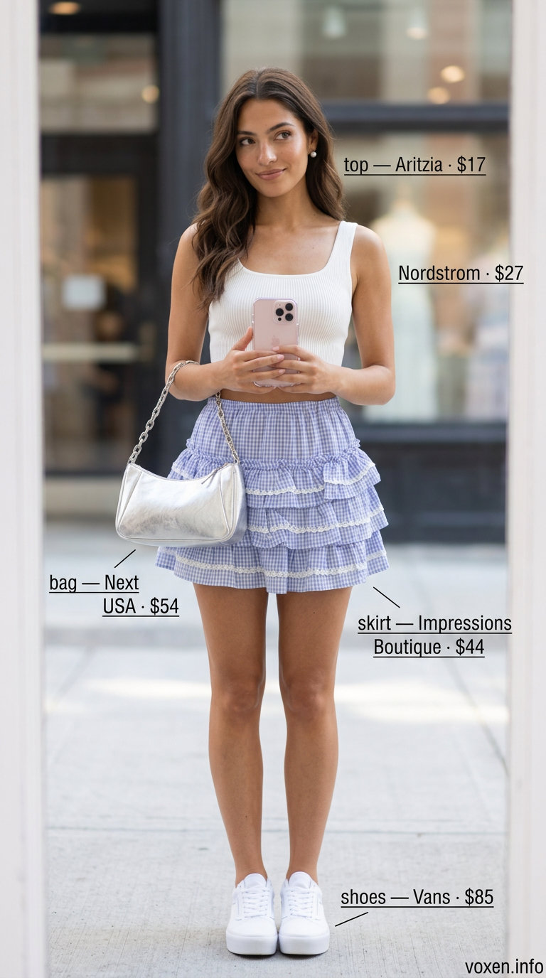 Light blue gingham mini skirt, white crop top, and platform sneakers for NYC street style summer outfits for women 2026.