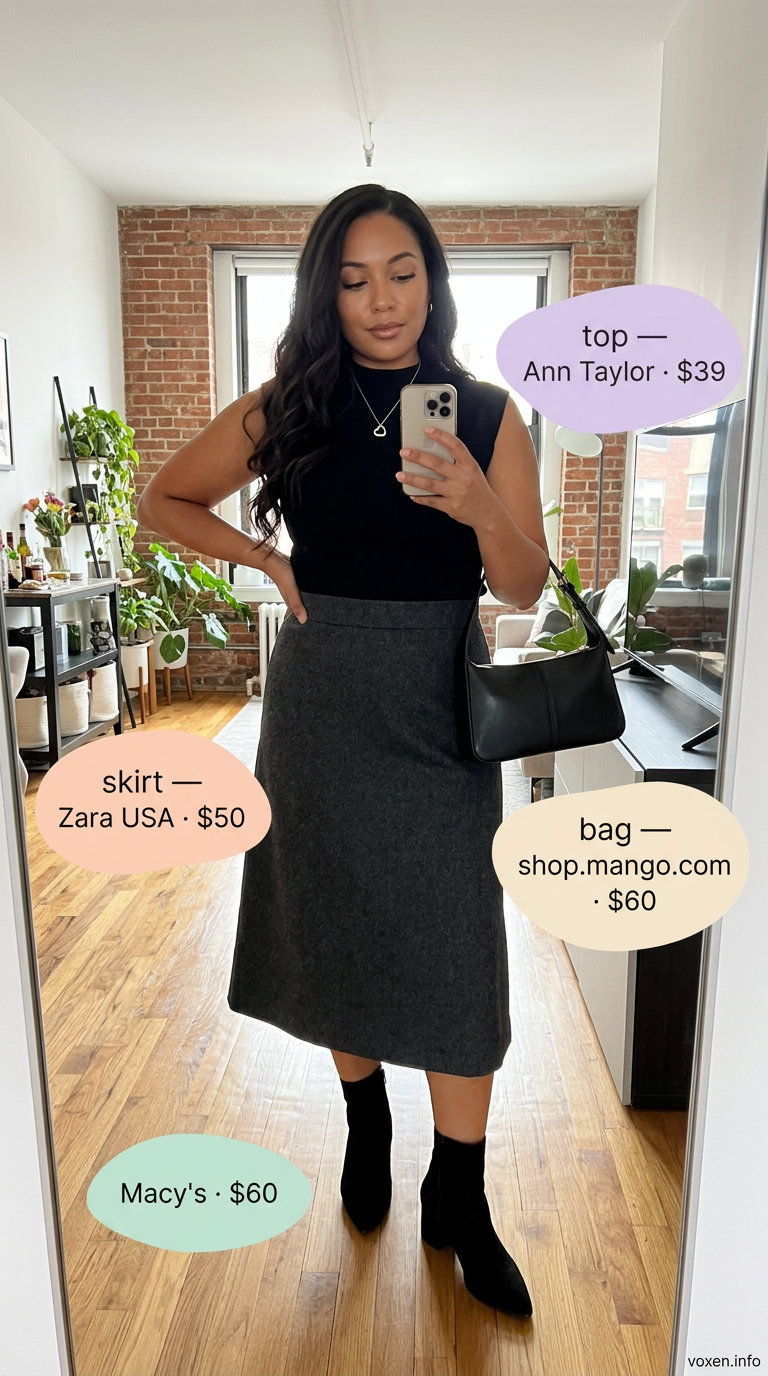 Charcoal grey knit midi skirt, black mock neck top, and crossbody bag for NYC street style summer outfits for women 2026.