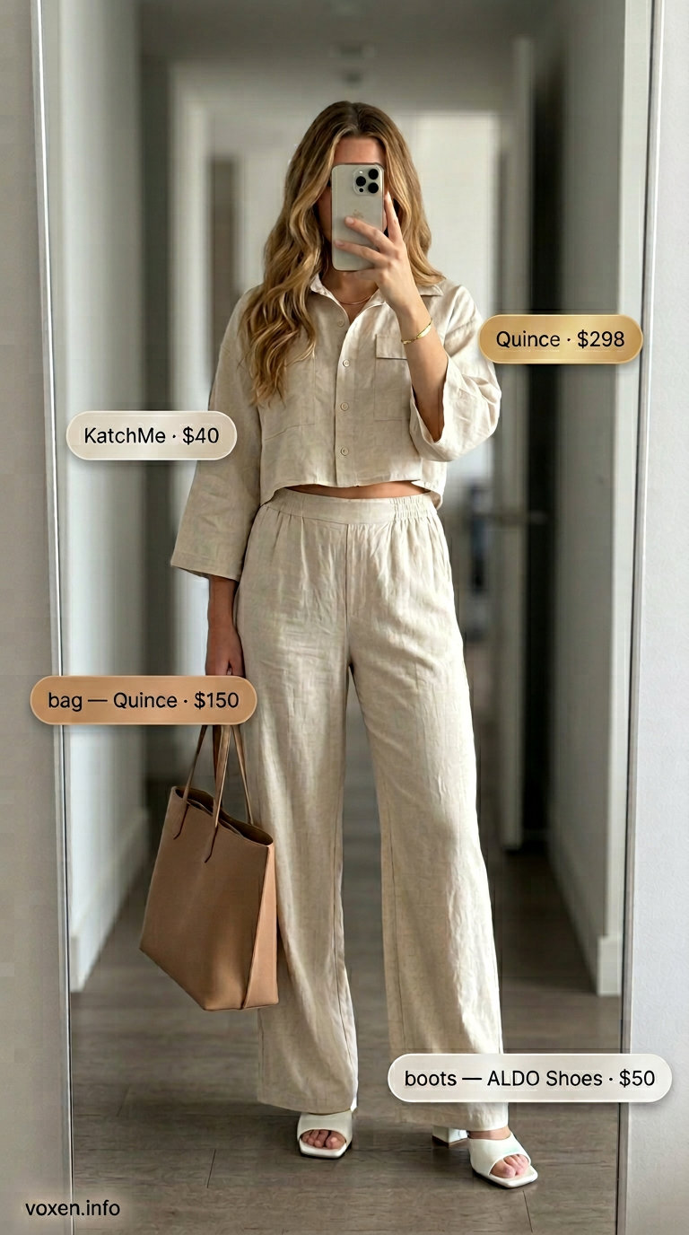 Beige linen matching set with leather mules for nyc street style summer outfits for women 2026.
