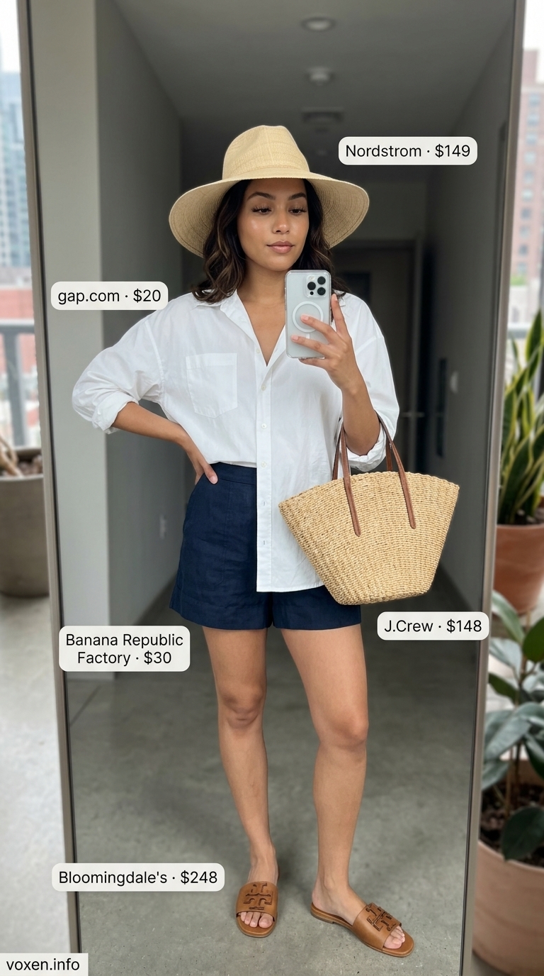 NYC street style summer outfits for women 2026: Linen shorts, oversized white shirt, slides, straw hat.