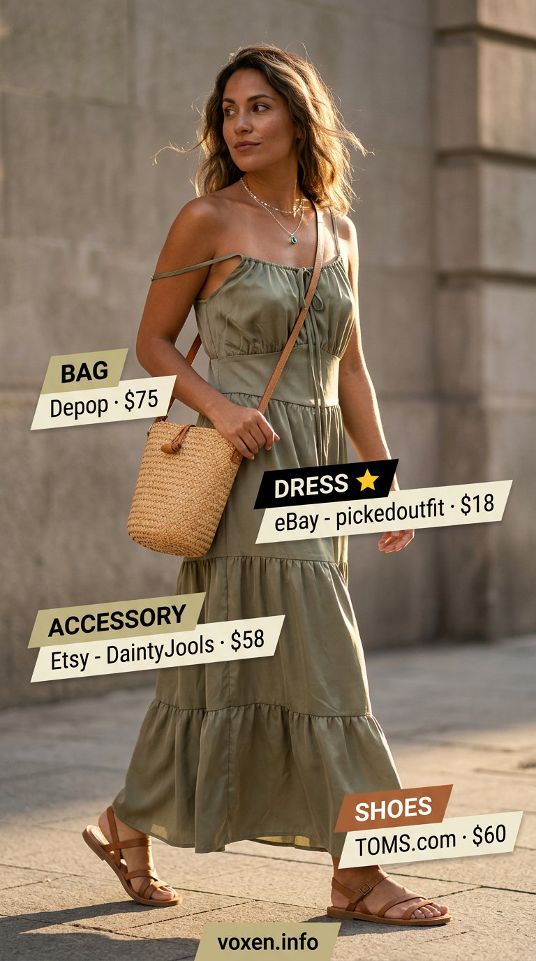 Olive green maxi dress, flat sandals, and woven crossbody bag for NYC street style summer outfits for women 2026.