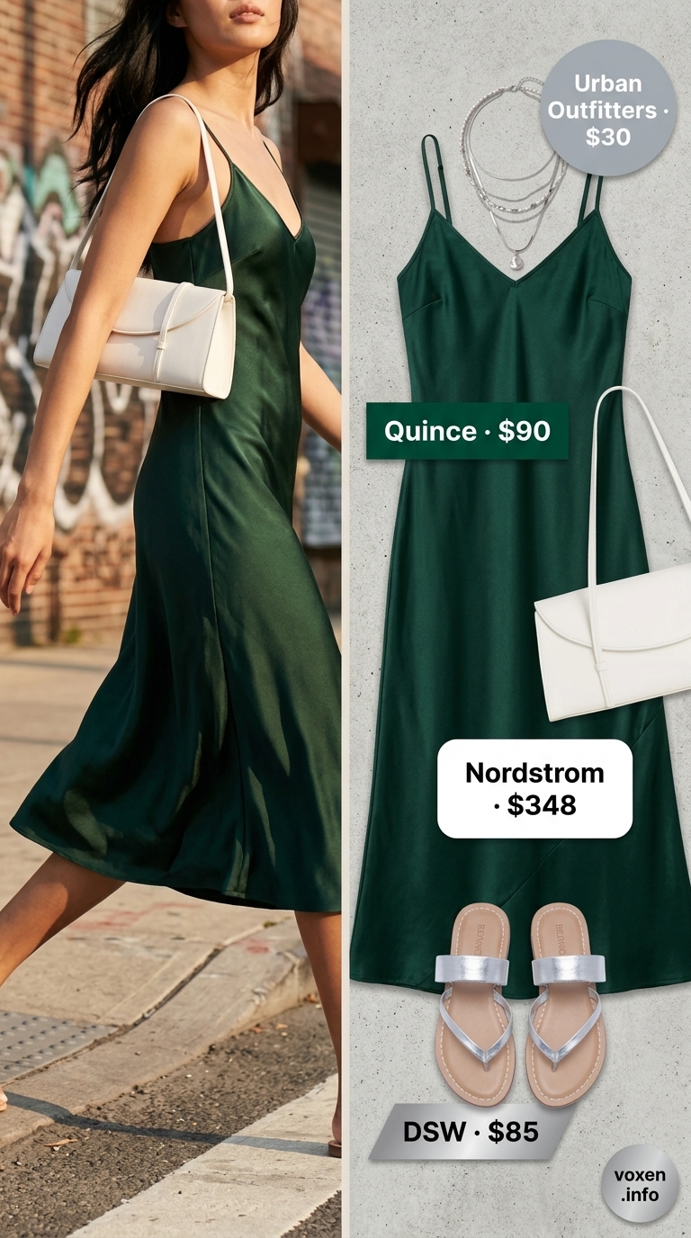 Emerald green slip dress with silver sandals for nyc street style summer outfits for women 2026.