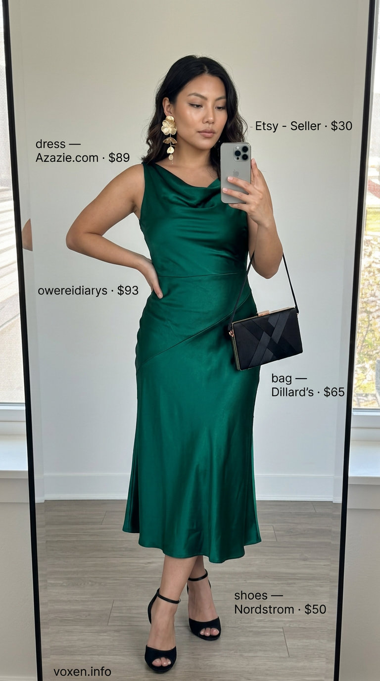 Emerald green slip dress, black clutch, and gold statement earrings for NYC street style summer outfits for women 2026.