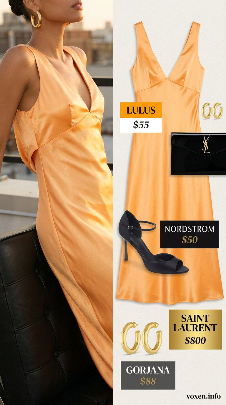 Mango orange slip dress, black clutch, and strappy heels for NYC street style summer outfits for women 2026.