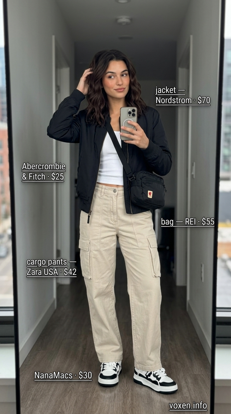 NYC street style summer outfits for women 2026: Beige cargo pants, black bomber jacket, crossbody bag, sneakers.
