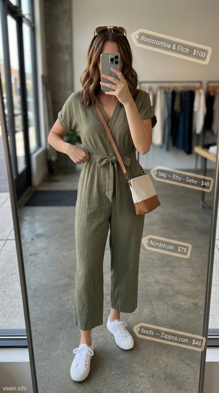 Olive green utility jumpsuit with white sneakers for nyc street style summer outfits for women 2026.