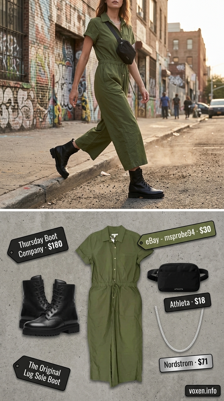 Khaki utility jumpsuit with black combat boots and belt bag for nyc street style summer outfits for women 2026.