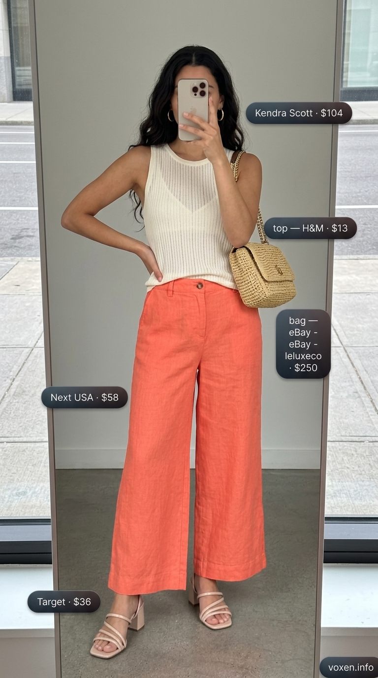 NYC street style summer outfits for women 2026: Coral wide-leg pants, cream tank, nude sandals, gold hoops.