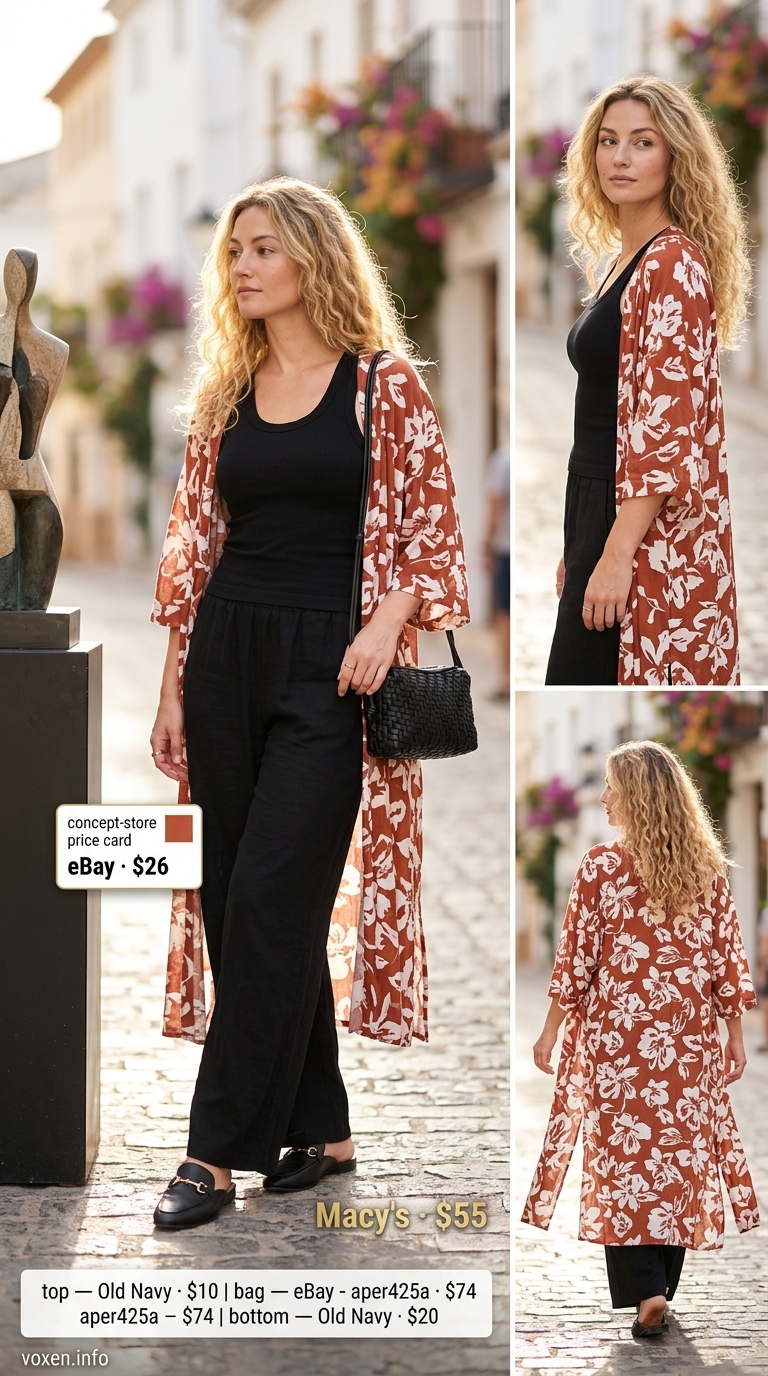 Terracotta oversized kimono cardigan over olive green linen pants and black tank. Bohemian oversized summer outfit for women 2026.