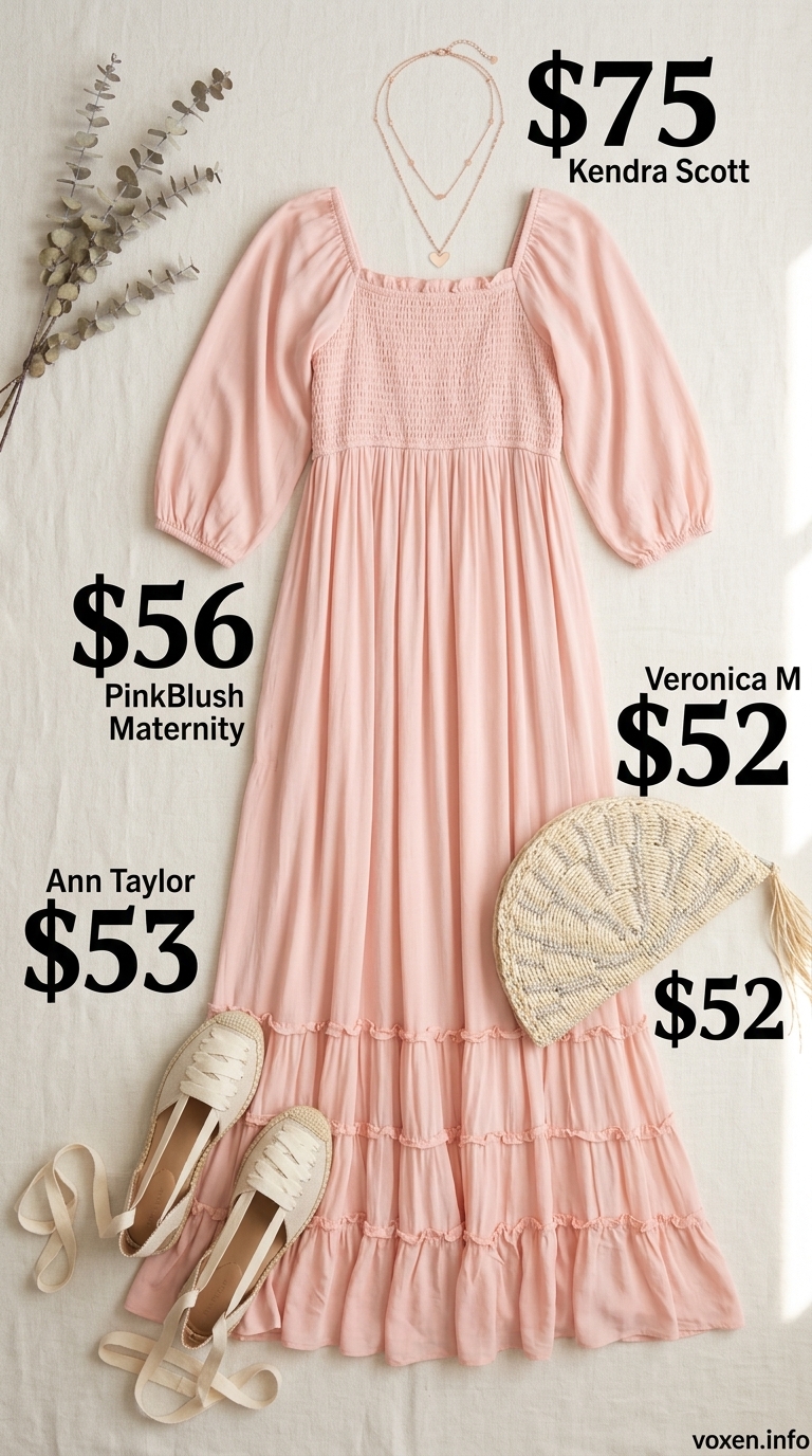 Blush pink oversized tiered maxi dress with puff sleeves, cream espadrilles, and straw clutch. Romantic oversized summer outfit for women 2026.