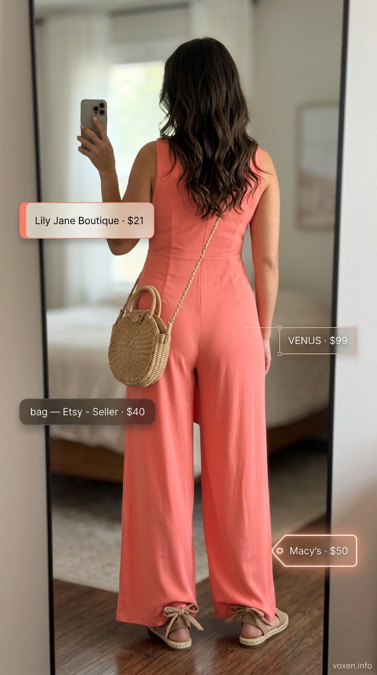Oversized summer outfit for women 2026: Coral linen jumpsuit with espadrilles for vacation.
