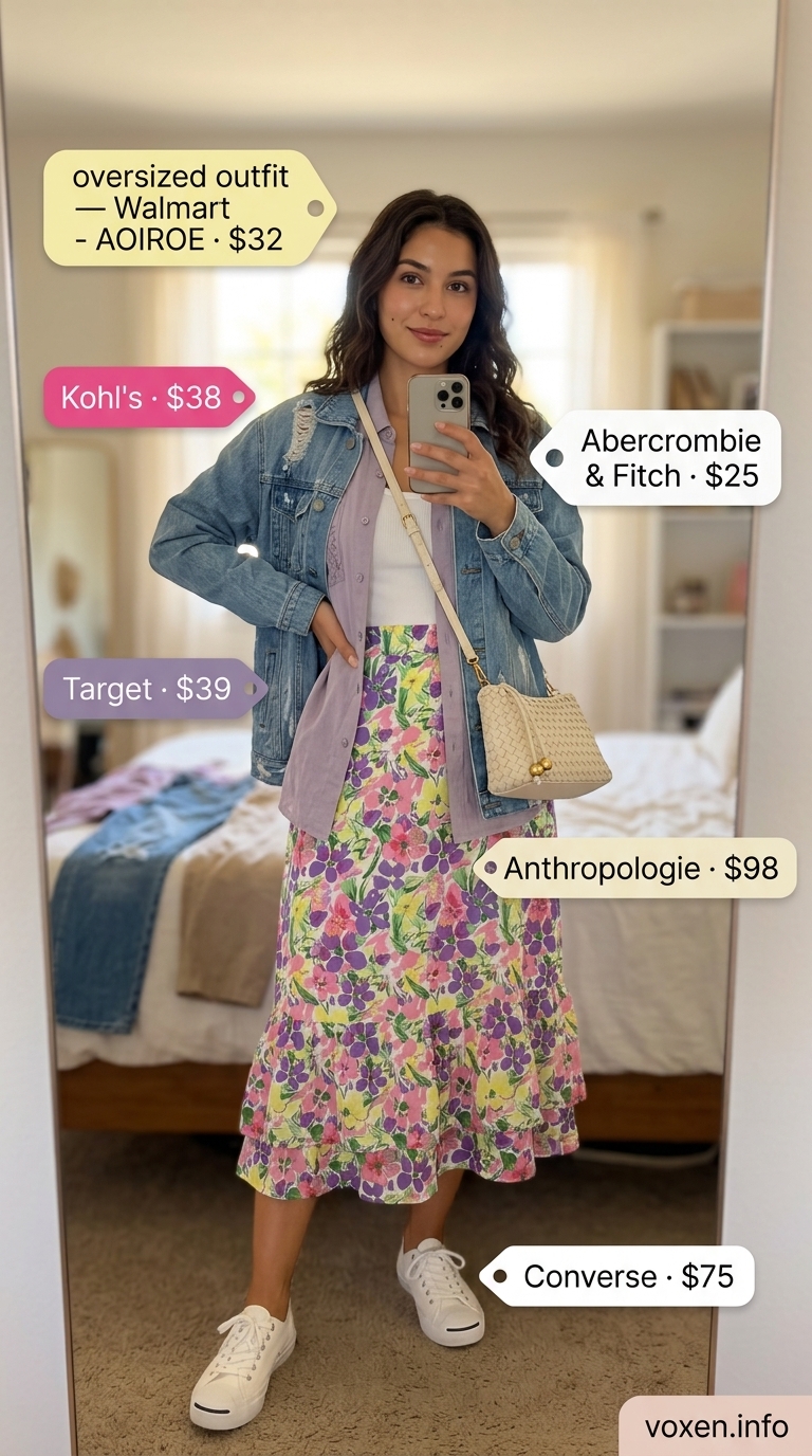 Oversized summer outfit for women 2026: Denim jacket, floral midi skirt, white tank, and sneakers for a casual day.