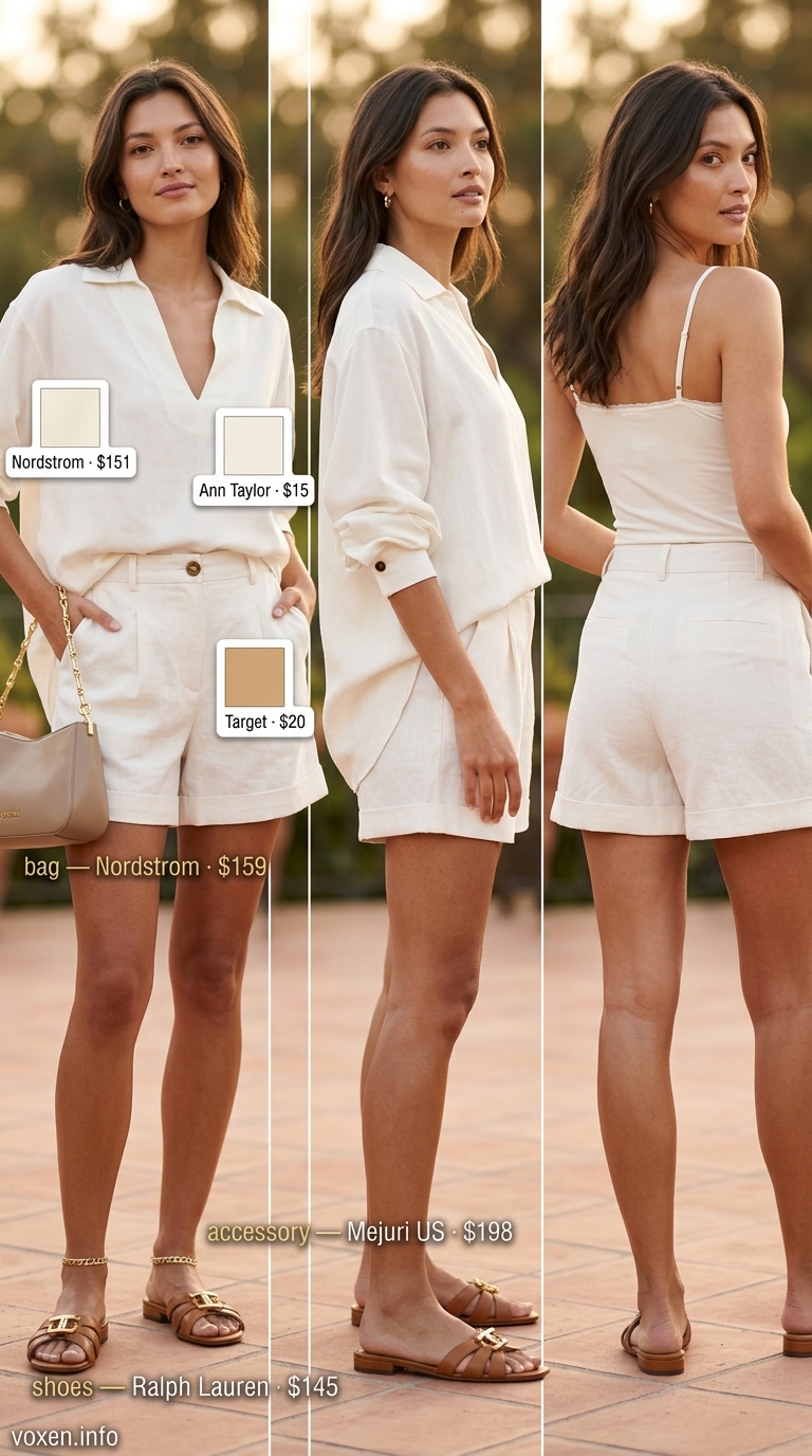 Ivory oversized silk blend shirt with camel linen shorts, fitted camisole, and leather slides. Elegant oversized summer outfit for women 2026.