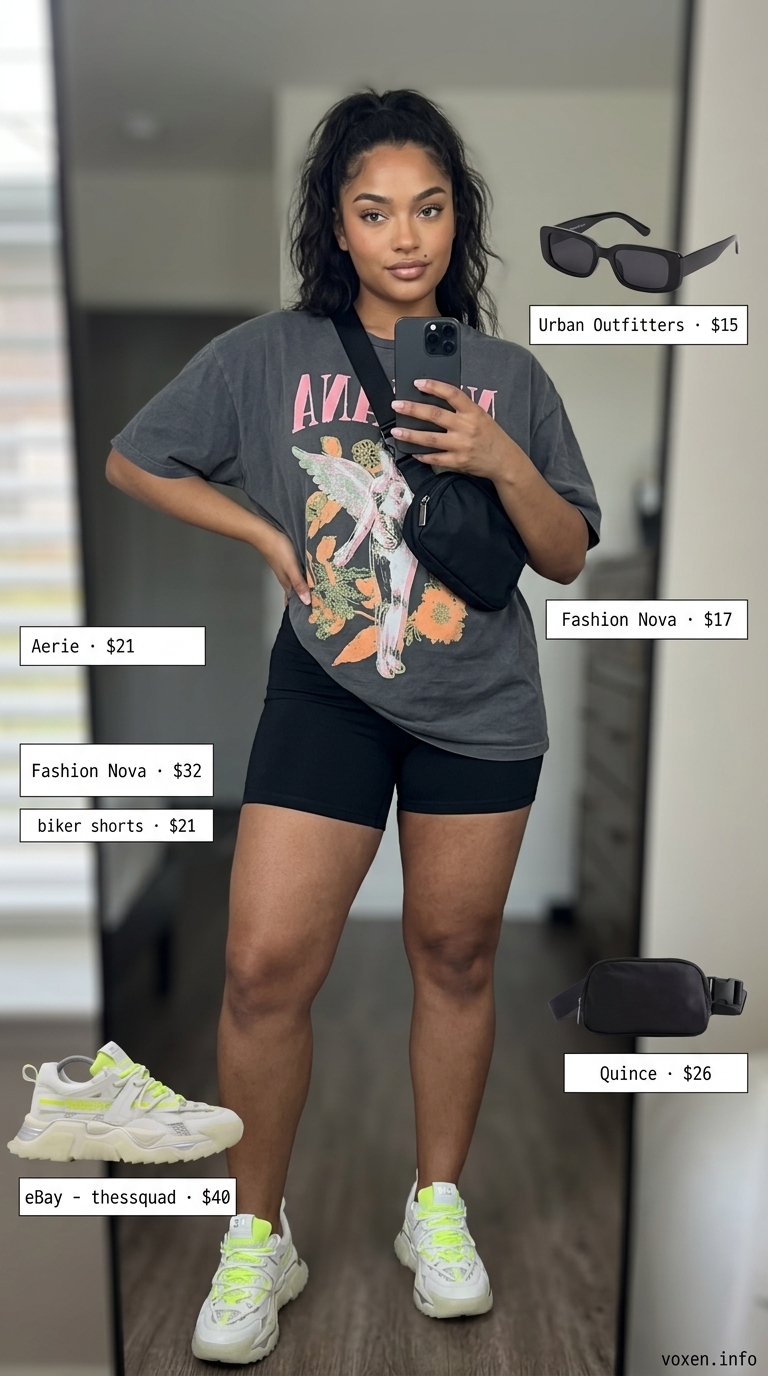 Oversized summer outfit for women 2026: Graphic tee, biker shorts, platform sneakers, and belt bag for street style.