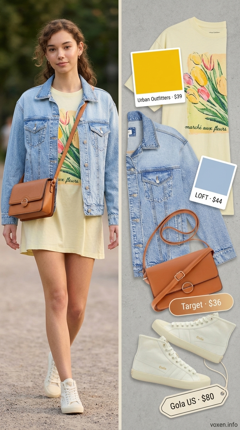 Oversized summer outfit for women 2026: Graphic tee dress, denim jacket, sneakers, and crossbody bag for a festival.