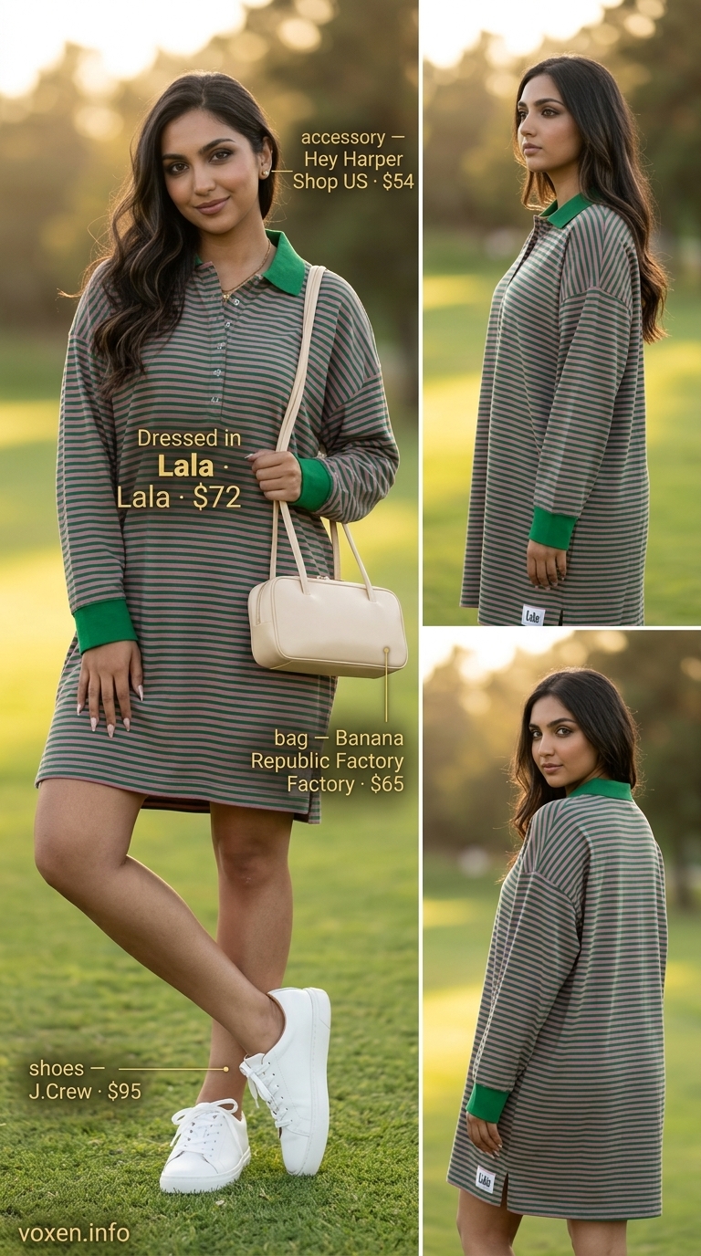 Forest green oversized knit polo mini dress with white sneakers and a beige shoulder bag. Sporty oversized summer outfit for women 2026.