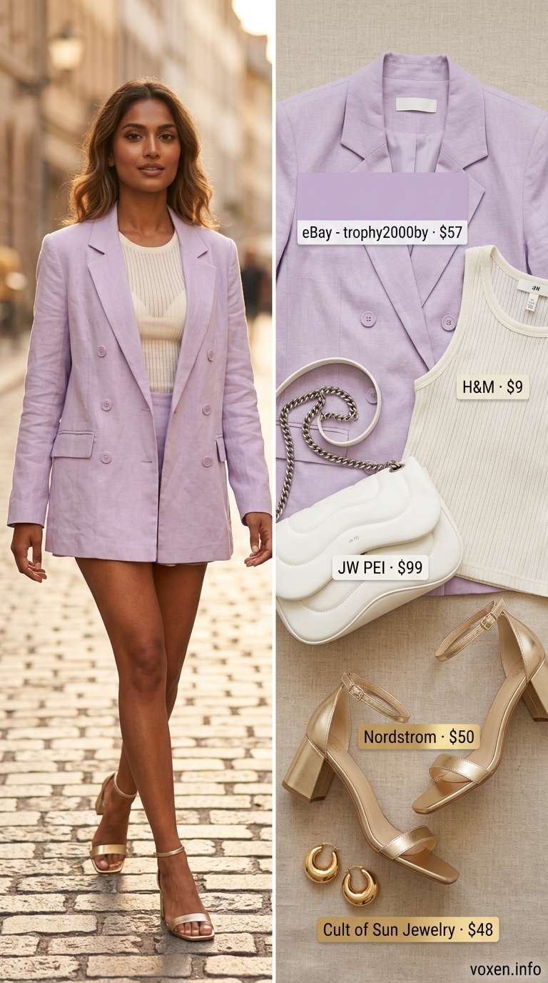 Pastel lavender oversized linen blazer with matching shorts, cream camisole, and gold sandals. Chic oversized summer outfit for women 2026.